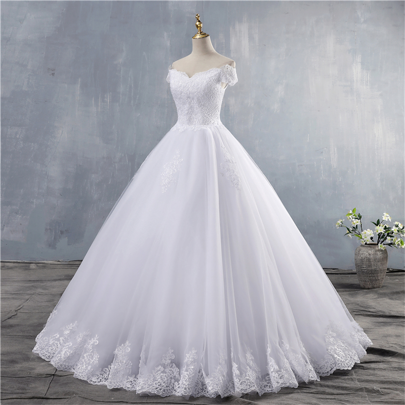 ZJ9143 2019 2020 White Ivory Lace Appliques Ball Gown Cheap Off The Shoulder Short Sleeves Bridal Dress Wedding Dresses