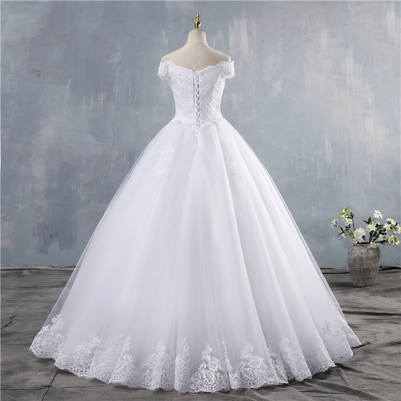 ZJ9143 2019 2020 White Ivory Lace Appliques Ball Gown Cheap Off The Shoulder Short Sleeves Bridal Dress Wedding Dresses